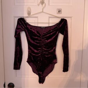Fashion Nova Velvet Ruched Bodysuit in Deep Purple